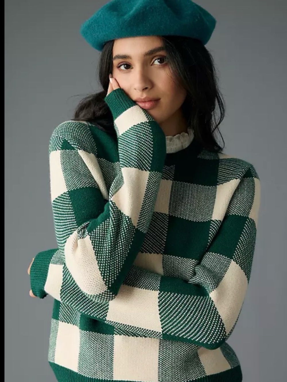 By Anthropologie Plaid Ruffle-collar Pullover Sweater In Green mock shirt Size L
